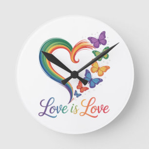 Love Is Love LGBT Butterfly Heart Rainbow Round Clock