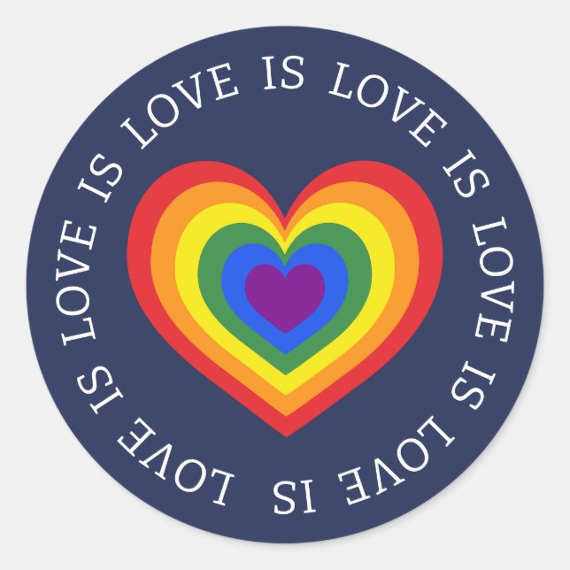 Love is Love LGBTQ Rainbow Heart Navy Blue Classic Round Sticker (Front)