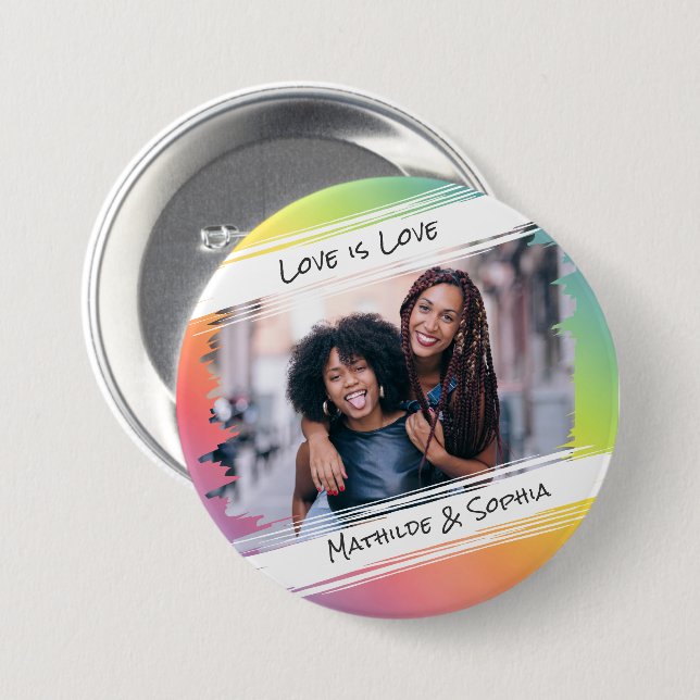 Love is Love Modern Rainbow Add Your Photo & Names 7.5 Cm Round Badge (Front & Back)