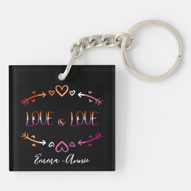Love is Love Pride Month Lesbian Couple Acrylic Key Ring (Back)