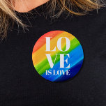 Love is Love Pride Rainbow 6 Cm Round Badge<br><div class="desc">This Pride Button is decorated with LOVE IS LOVE in bold white letters on a watercolor rainbow background of red,  orange,  yellow,  green,  blue,  and purple.
Original Watercolor © Michele Davies.</div>