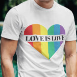Love is Love rainbow heart LGBTQ pride T-Shirt<br><div class="desc">A colourful t-shirt featuring a big heart with the colours of the LGBTQ rainbow flag,  with the customisable caption "Love is love" in a black all-caps font. Wear this gay pride awareness T-shirt to show the world that you are a proud LGBTQ community member.</div>