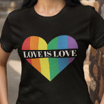 Love is Love rainbow heart LGBTQ pride T-Shirt<br><div class="desc">A colourful t-shirt featuring a big heart with the colours of the LGBTQ rainbow flag,  with the customisable caption "Love is love" in a white all-caps font. Wear this gay pride awareness T-shirt to show the world that you are a proud LGBTQ community member.</div>