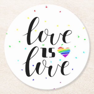 Love is Love   Rainbow Hearts Round Paper Coaster