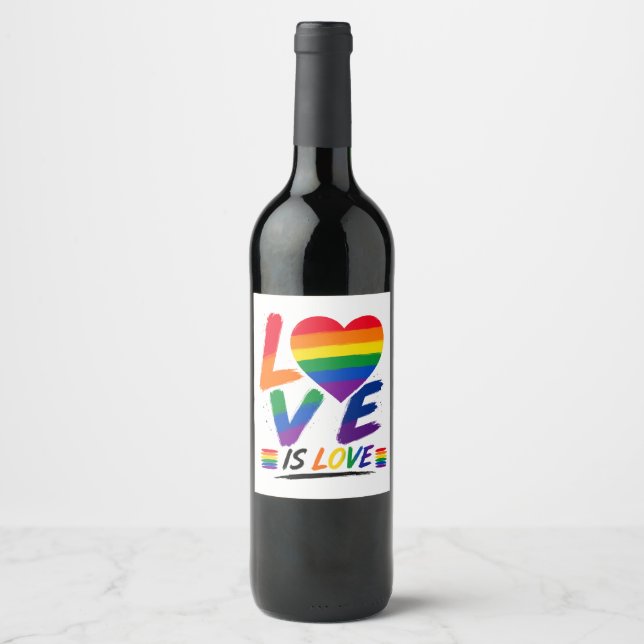 Love Is Love – Rainbow Pride Brush Design Wine Label (Front)