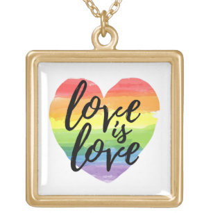 Love is Love   Rainbow Watercolor Heart Gold Plated Necklace
