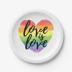 Love is Love   Rainbow Watercolor Heart Paper Plate