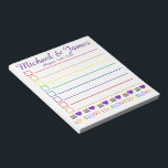 Love is Love Rainbow Wedding Cake Heart Favour Notepad<br><div class="desc">List-style grocery shopping note pad design features an original marker illustration of a rainbow wedding cake slice and a purple heart, with LOVE in a pretty rainbow font. Just personalise with your wedding information for a unique favour. Lots of additional illustrated notepads are also available from this shop. This design...</div>