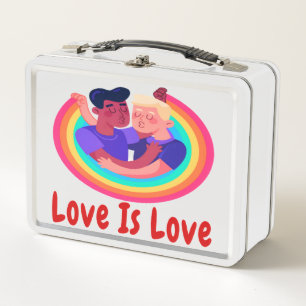 LOVE IS LOVE RED FONTS TWO MEN RAINBOW BG METAL LUNCH BOX