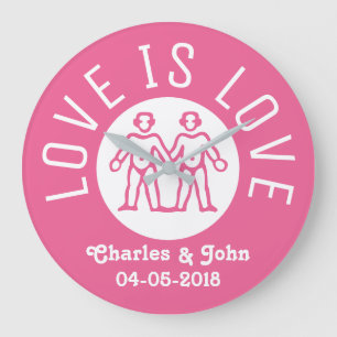 Love is Love Typography Gay Pride LGBT Couple Pink Large Clock