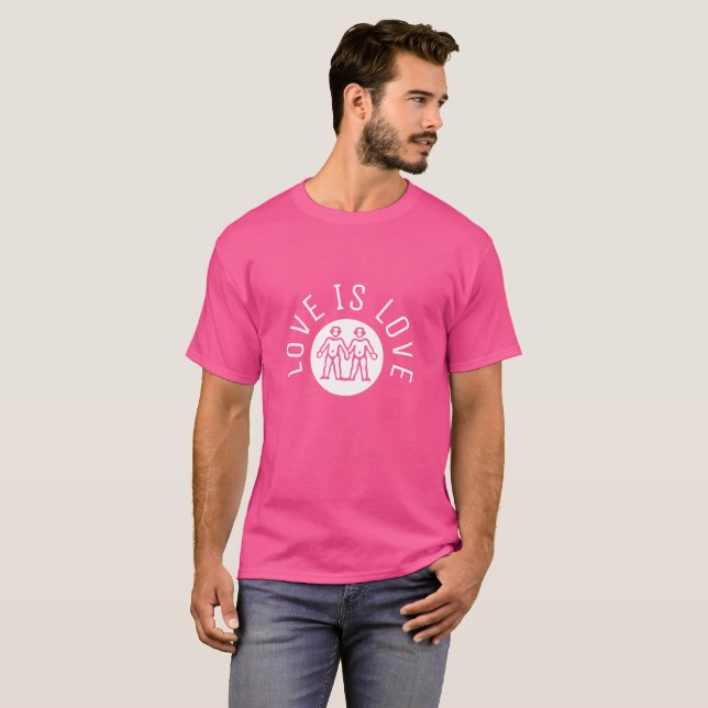 Love is Love Typography Gay Pride LGBT Pink White T-Shirt (Front Full)