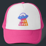 LOVE IS LOVE UFO Cute Colourful Rainbow Pride Trucker Hat<br><div class="desc">Check out my shop for more pronouns, silly jokes, hiking, camping, vanlife, birds and lots more! You can also find this design on shirts, stickers, mugs, and buttons. Be sure to visit my shop for more designs too. Or if you'd like something custom please let me know. If you buy...</div>