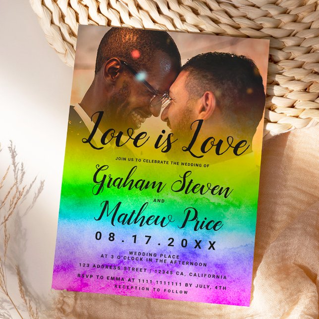 Love is love watercolor raimbow photo gay wedding invitation (Creator Uploaded)