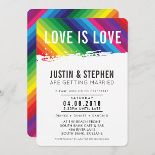 LOVE IS LOVE wedding rainbow colours brush stroke Invitation