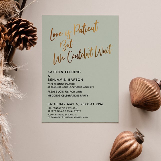 Love is Patient But We Couldn't Wait Gold & Sage Invitation (Creator Uploaded)