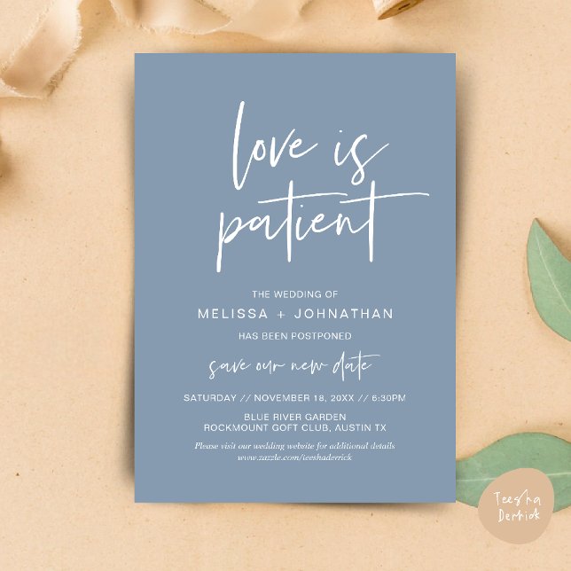 Love is patient, Change New Wedding Date Invitation (Minimalist, Love is patient, Romantic Wedding Change the new date card PDF in Dusty Blue)