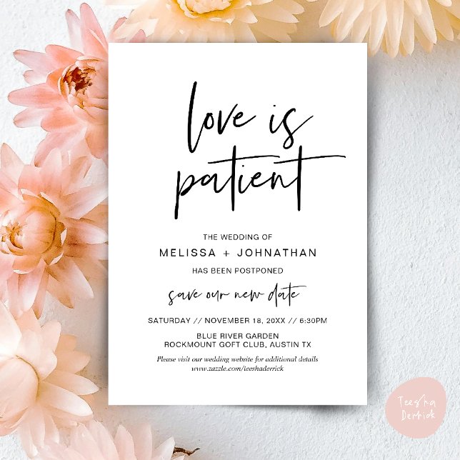 Love is patient, Change New Wedding Date Invitation (Minimalist, Love is patient, Romantic Wedding Change the new date card PDF in Black White)