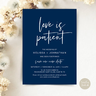 Love is patient, Change New Wedding Date Invitation