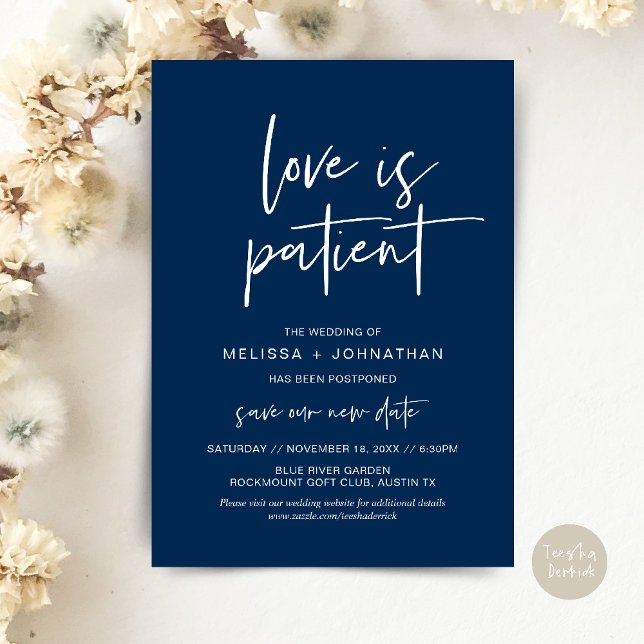 Love is patient, Change New Wedding Date Invitation (Minimalist, Love is patient, Romantic Wedding Change the new date card PDF in navy Blue)