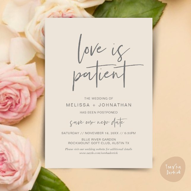Love is patient, Change New Wedding Date Invitation (Minimalist, Love is patient, Romantic Wedding Change the new date card PDF in Cream Grey)