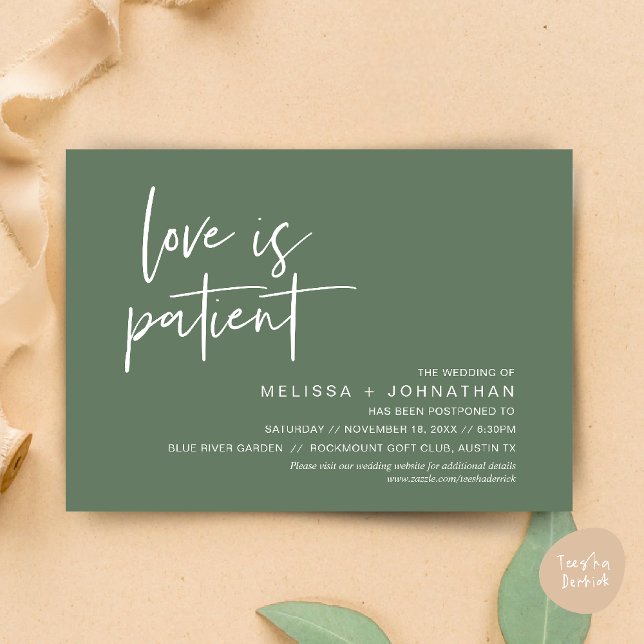 Love is patient, Change our wedding date Invitation (Minimalist, Love is patient, Romantic Wedding Change the new date card PDF in Sage Green)