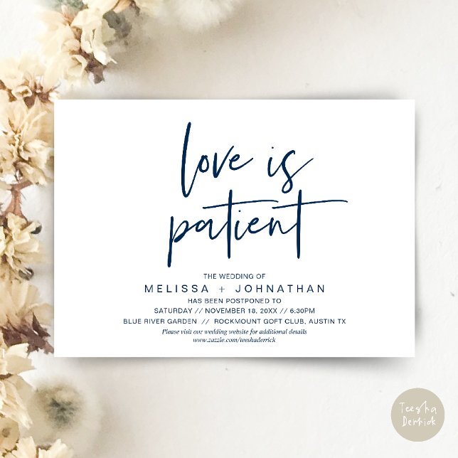 Love is patient, Change Our Wedding New Date Invitation (Minimalist, Love is patient, Romantic Wedding Change the new date card PDF in navy Blue)