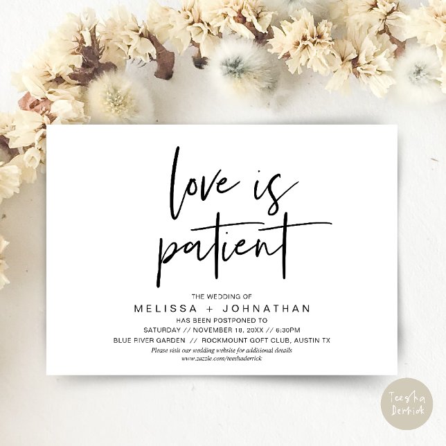 Love is patient, Change Our Wedding New Date Invitation (Minimalist, Love is patient, Romantic Wedding Change the new date card PDF in Black White)