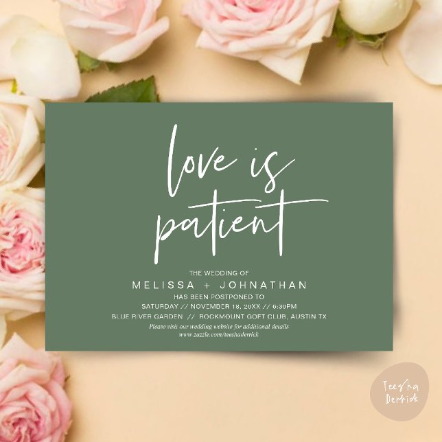 Love is patient, Change Our Wedding New Date Invitation (Minimalist, Love is patient, Romantic Wedding Change the new date card PDF in Sage Green)