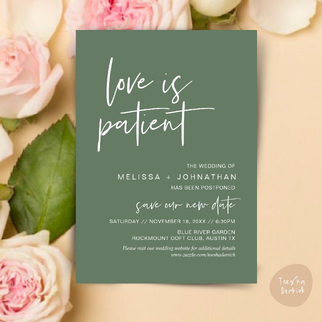 Love is patient, Change Our Wedding New Date Invitation (Minimalist, Love is patient, Romantic Wedding Change the new date card PDF in Sage Green)
