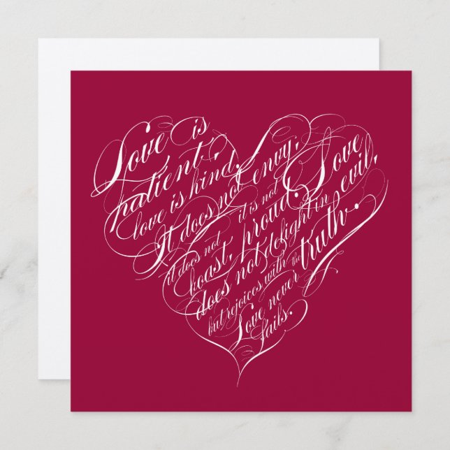 Love is patient.. crimson silver calligraphy heart invitation (Front/Back)