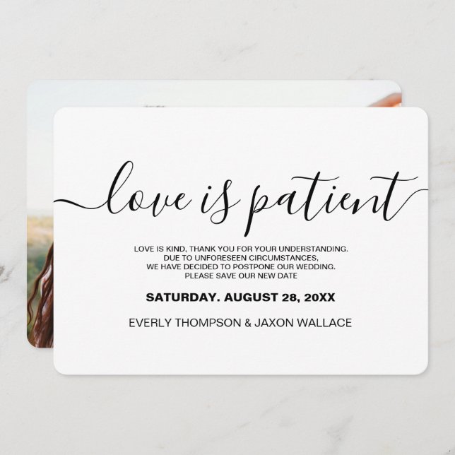 Love is Patient Custom Photo Wedding Postponed Invitation (Front/Back)