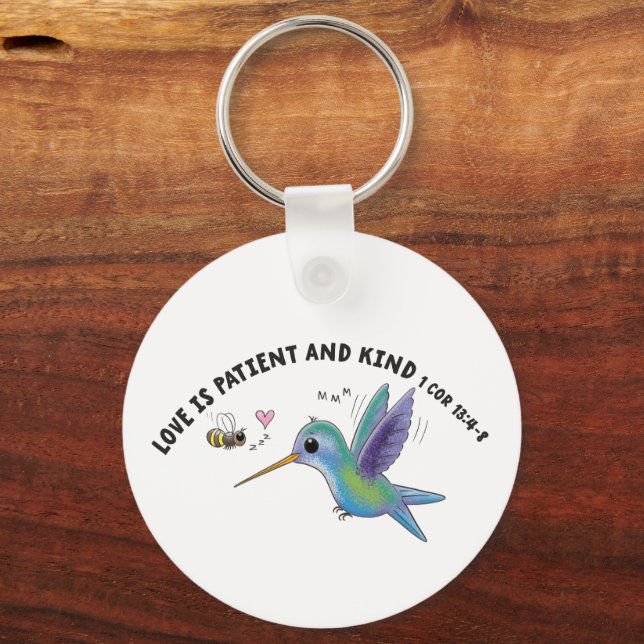 Love is patient cute bee and hummingbird scripture key ring (Front)