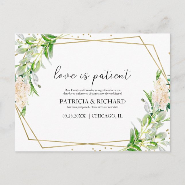 Love Is Patient  Greenery New Date Wedding Postcard (Front)