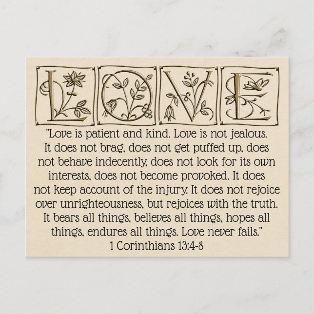 Love is Patient-Kind-Never Fails~Scripture~Wedding Postcard (Front)