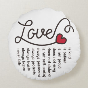 Love Is Patient Kind Typography Red Heart Round Cushion