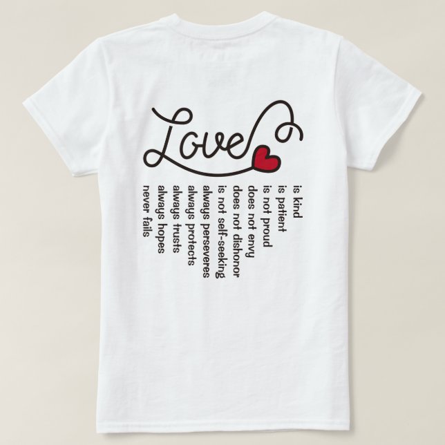 Love Is Patient Kind Typography Red Heart Verse T-Shirt (Design Back)