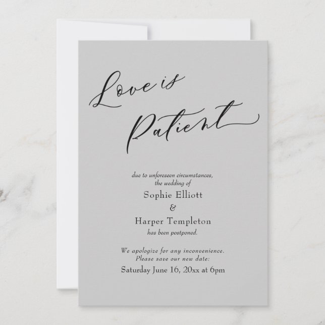 Love is Patient Light Grey Postponed Wedding Card (Front)
