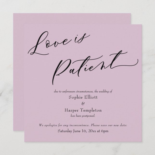 Love is Patient Mauve Pink Postponed Wedding Card (Front/Back)