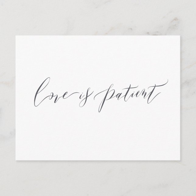 Love is patient minimalist wedding postponement postcard (Front)