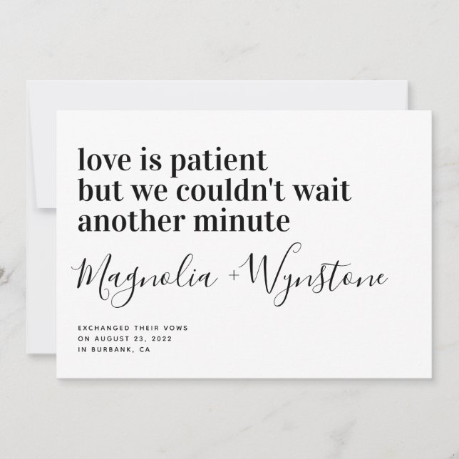 Love is Patient Modern Typography Elopement Announcement (Front)