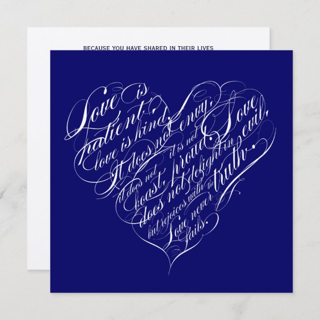 Love is patient.. navy & silver calligraphic heart invitation (Front/Back)