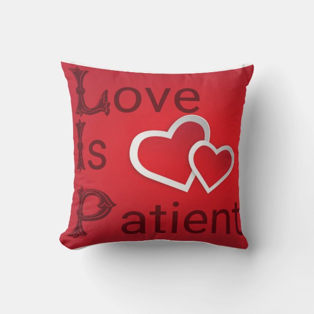 Love is Patient on a Red Heart Background Cushion (Front)
