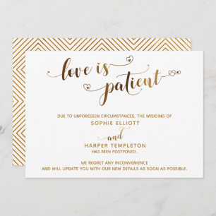 Love is Patient Postponed Wedding Gold Script Card