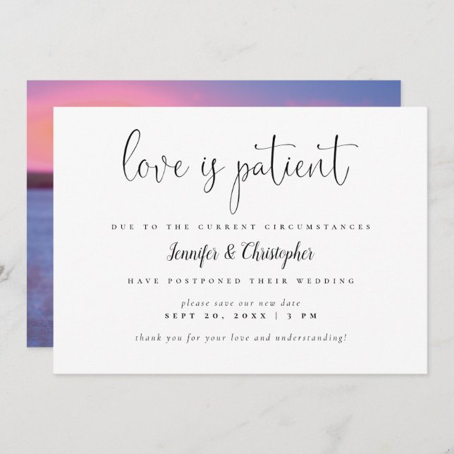 Love Is Patient Script Photo Wedding Postponement Invitation (Front/Back)