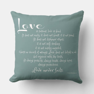 Love is Patient (scripture verse) white on blue Cushion