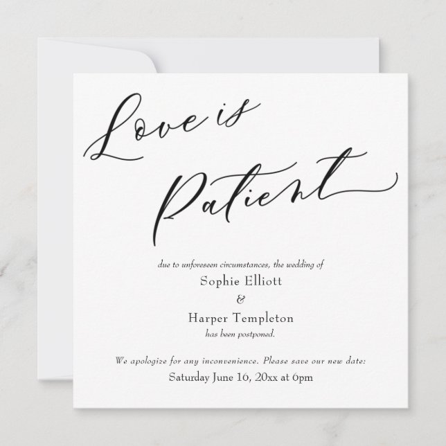 Love is Patient Simple Postponed Wedding Card (Front)