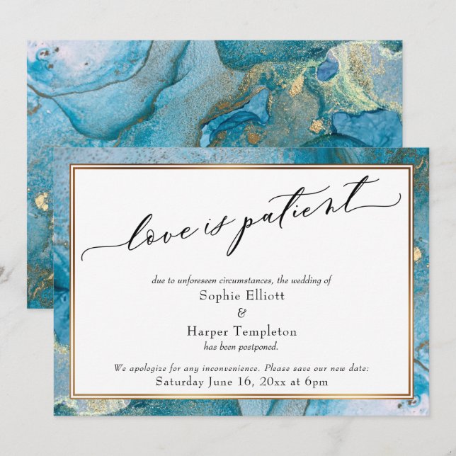 Love is Patient Teal & Gold Postponed Wedding Card (Front/Back)