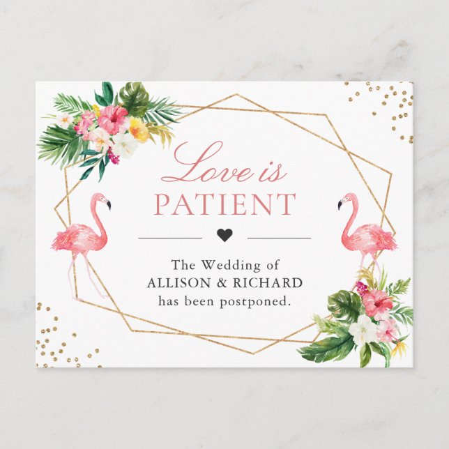Love is Patient Tropical Flamingo Wedding New Date Postcard (Front)