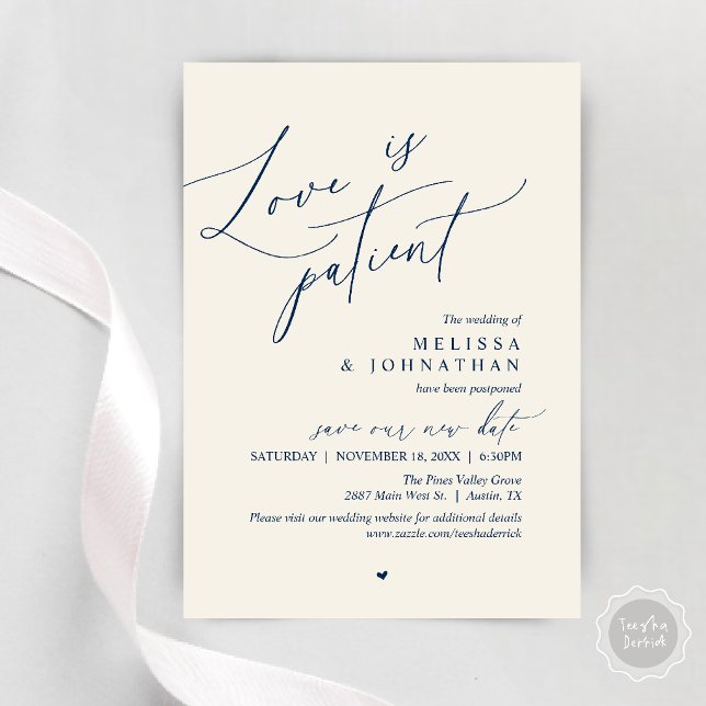 Love is patient, Wedding Postpone Announcement (“Love Is Patient” Wedding Postpone Announcement, Change the date card in Navy Blue and Ivory)