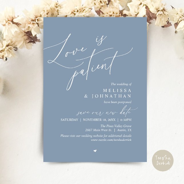 Love is patient, Wedding Postpone Announcement (“Love Is Patient” Wedding Postpone Announcement, Change the date card in Dusty Blue)